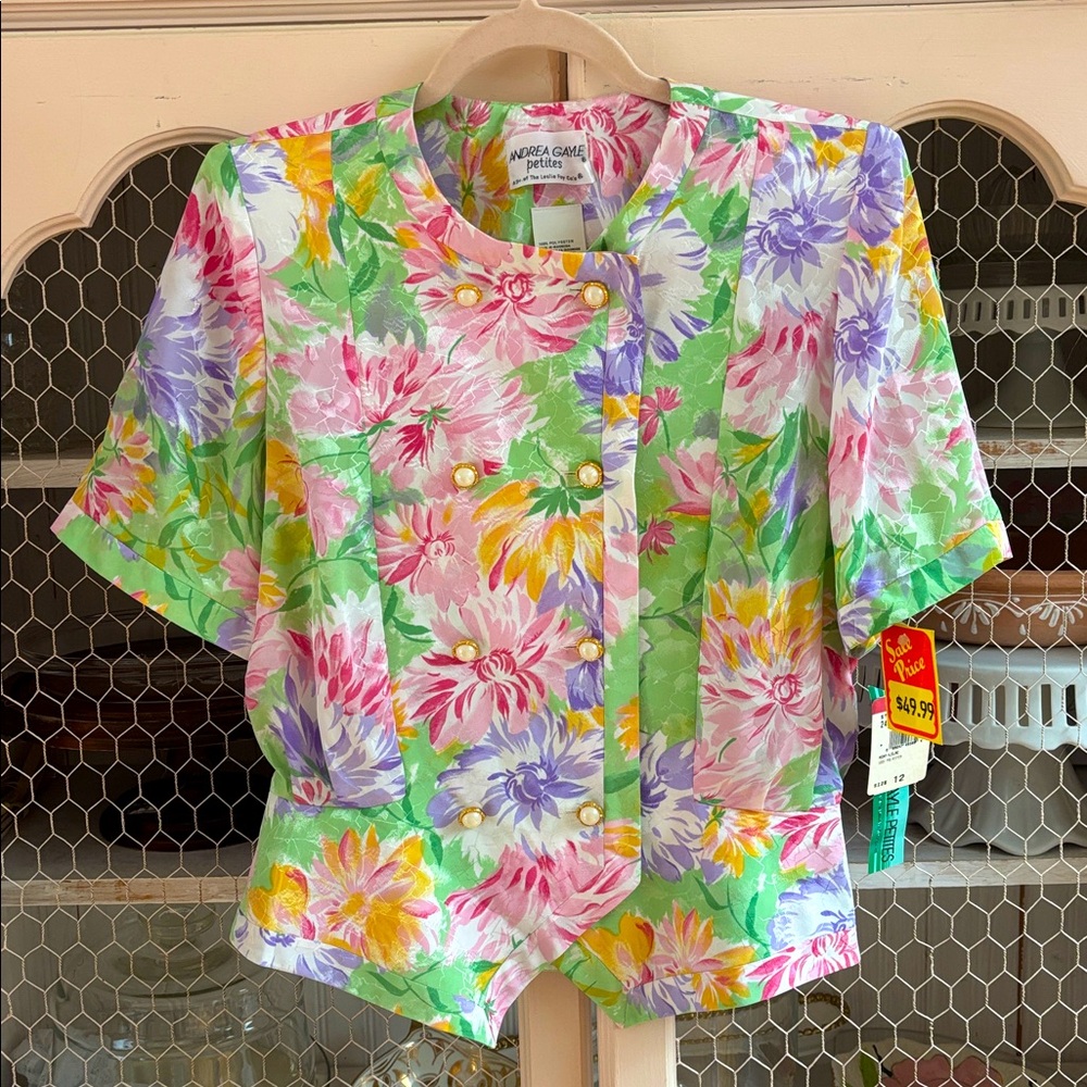 Andrea Gayle Vintage Silk Pearl Button Up peplum blouse 12
